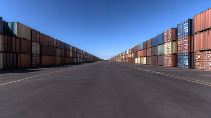 Fototapeta premium Vast rows of shipping containers create a striking perspective at a busy port under clear blue skies during midday