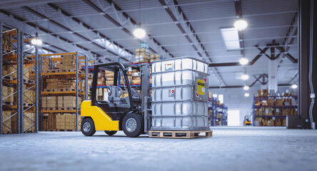 Forklift carrying intermediate bulk container in warehouse