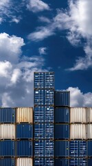 Fototapeta premium Stacked cargo containers under a clear blue sky with white clouds in the background during the daytime