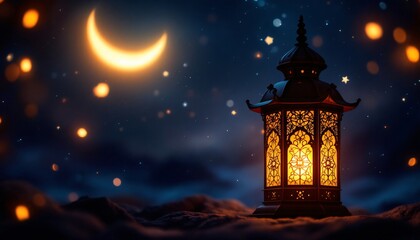 A stunning image of a traditional lantern, glowing warmly against a night sky filled with stars and a crescent moon