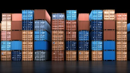 Obraz premium A vibrant array of stacked cargo containers in a busy shipping yard at night, displaying a fascinating mix of colors and sizes