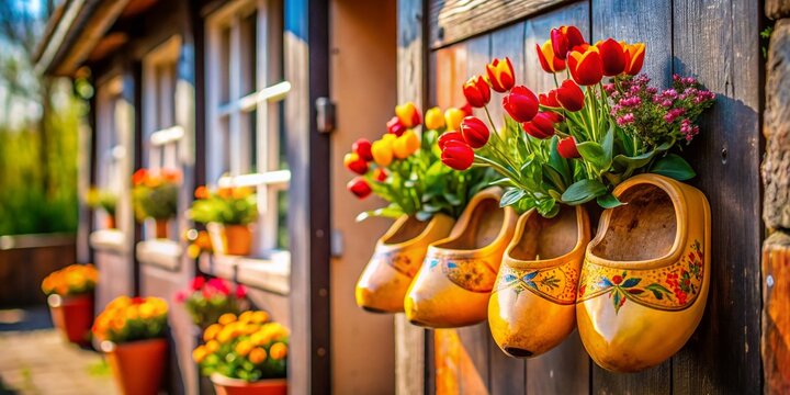 Dutch Klompen Wall Art: Close-up of Flower-Decorated Wooden Shoes, Netherlands