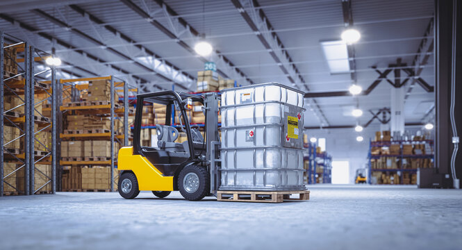 Forklift carrying intermediate bulk container in warehouse