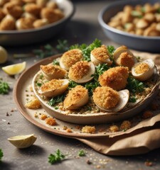 Fototapeta premium Shot of breadcrumbs and parsley sprinkled on top of baked clams oreganata , parsley garnish, comfort food