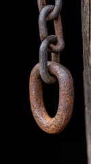 Obraz premium Close-up view of a rusty iron chain link hanging against a dark background at an outdoor location emphasizing industrial texture and weathering