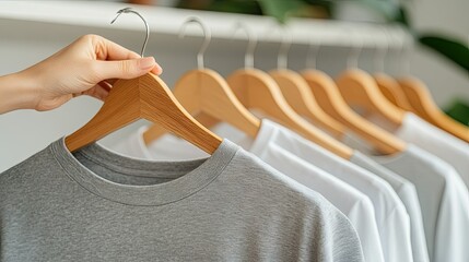 Obraz premium Hand holding a hanger with gray t-shirt in a clothing store showcasing a variety of shirts in soft colors and natural light