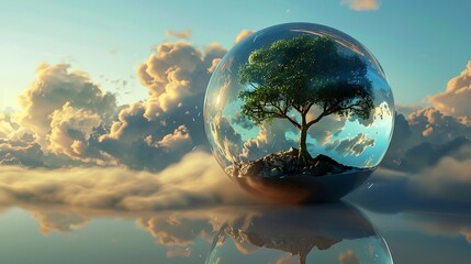Ecology concept. Green tree in the bubble. 3D rendering