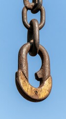 Obraz premium A sturdy heavy metal chain link dangles gracefully against a brilliant clear blue sky, highlighting its intricate rust and textured details