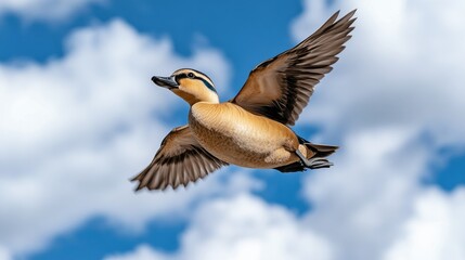 Obraz premium A magnificent bird gracefully glides through the expansive blue sky, surrounded by soft, fluffy clouds on a bright, sunny day