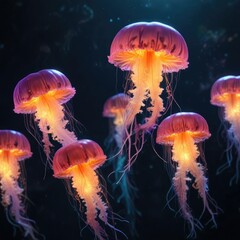 Fototapeta premium Brightly colored jellyfish glowing in the dark depths of the ocean, depths, bioluminescence, ocean