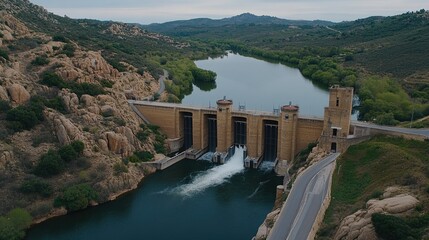 Water flows from a dam into a serene river surrounded by rocky hills and lush greenery in a tranquil countryside landscape