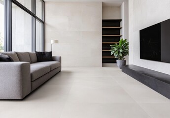 Minimalist living room with elegant gray sofa modern home interior design bright environment wide-angle viewpoint