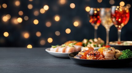 Elegant Table Set with Assorted Sushi and Glowing Bokeh Background