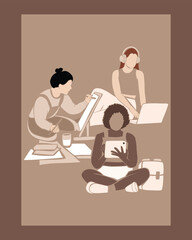 Modern poster illustration featuring a group of diverse women engaging in creative activities, such as designing and digital work, symbolizing innovation, collaboration, and artistic expression.