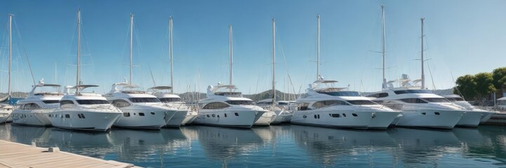 Fototapeta premium Serene port scene with white yachts moored under a clear blue sky, peaceful, serene