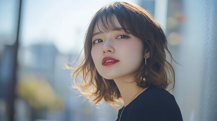 close up woman face portrait with calm and optimistic vibes,  smiling young Japanese woman at city street 