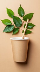 Fototapeta premium Nature-inspired beverage container with greenery on a beige background, highlighting eco-friendly packaging and sustainable design choices in modern consumer culture