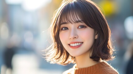 Obraz premium close up woman face portrait with calm and optimistic vibes, smiling young Japanese woman at city street 