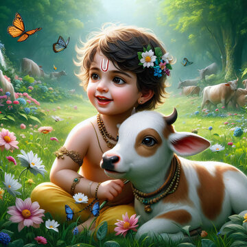 Lord Krishna playing with little cows
