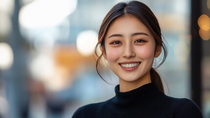 Obraz premium close up woman face portrait with calm and optimistic vibes, smiling young Japanese woman at city street with bokeh light 