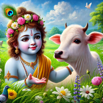 Lord Krishna with playing with little cows