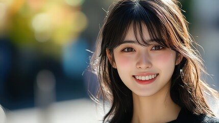 Obraz premium close up woman face portrait with calm and optimistic vibes, smiling young Japanese woman at city street 