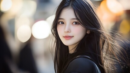 Naklejka premium close up woman face portrait with calm and optimistic vibes, smiling young Japanese woman at city street 