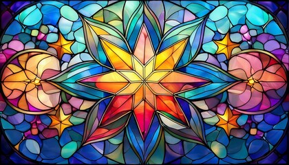 colorful stained glass mosaic featuring vibrant stars and cloud shapes ideal for decorative art and modern interiors