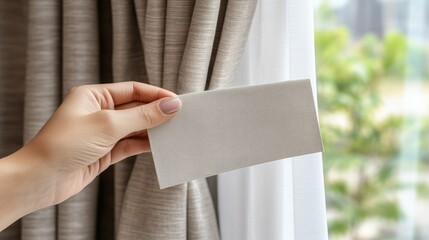 Hand holding a sample fabric swatch near a window with sheer curtains and natural light during the day in a modern interior space