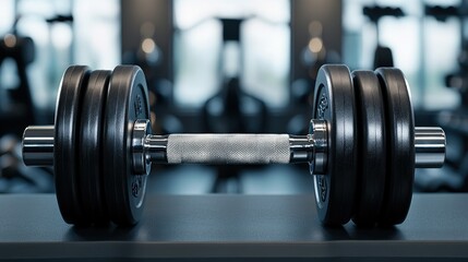 Naklejka premium Close-up view of a heavy dumbbell resting on a gym bench in a modern fitness center during the morning workout session