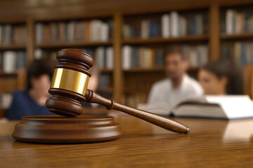 law restriction policy concept. A wooden gavel resting on a block, symbolizing justice and law. Wooden judge's gavel and family with children kids on background awaiting judge decision .