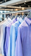 Collection of neatly arranged dress shirts in various shades of blue and purple displayed in a modern retail store during daylight