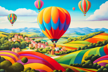 Fototapeta premium Air Ballon Countryside Concept Abstract Colorful Scenery Painting