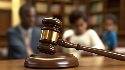 law restriction policy concept. A wooden gavel resting on a block, symbolizing justice and law. Wooden judge's gavel and family with children kids on background awaiting judge decision .