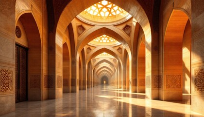 Fototapeta premium A breathtaking, sunlit interior shot of a mosque's colonnaded hall