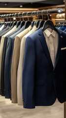 Elegant suits on display in a fashion store showcasing a variety of styles and colors for formal occasions and business attire