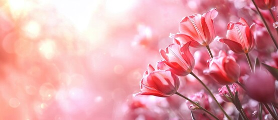 Watercolor Tulips Flowers on White Background with Copy Space for Text, Banner, Spring Floral Border, Greeting Card, Mother's Day, Valentine's Day, Presentation or Poster Background