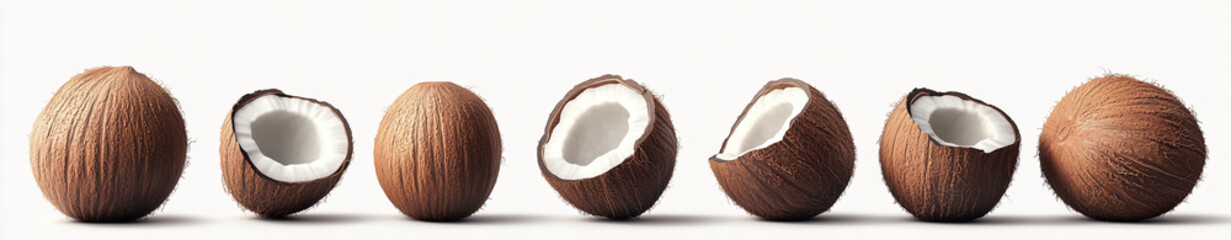 Set of coconuts in different positions, isolated on a white background