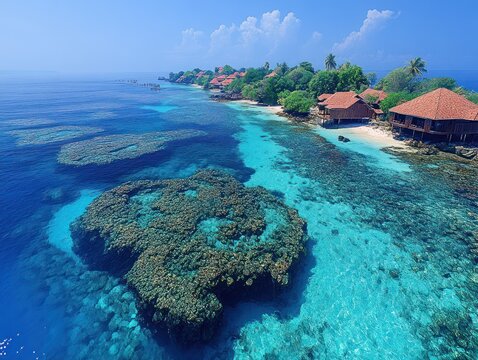Aerial view of a tropical island with clear turquoise waters and coral reefs surrounded by a blue ocean