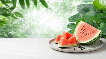 A plate filled with freshly cut watermelon slices is beautifully arranged amid vibrant, lush greenery in a tranquil outdoor environment