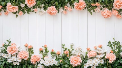 Naklejka premium Explore charming spring decor ideas featuring a stunning floral arrangement of peach and white flowers set against a rustic wooden backdrop