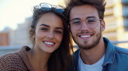man and woman young love couple happy together at beautiful city street	
