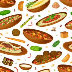 Syrian Cuisine Dish and Traditional Food Seamless Pattern Design Vector Template