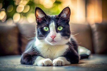 Elegant Black and White Tuxedo Cat Relaxing Indoors - Candid Stock Photo