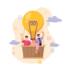 Team Interaction with Man and Woman Fly on Hot Air Balloon Work Together Vector Illustration