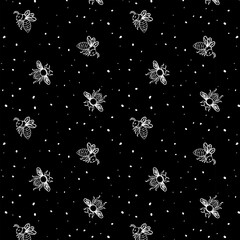 Pattern with white bees.Vector seamless pattern with white outline bees on a black background.
