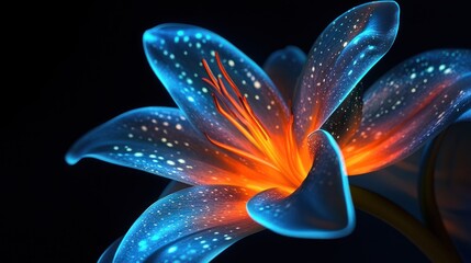 Glowing blue lily, orange center, dark background, digital art, wallpaper