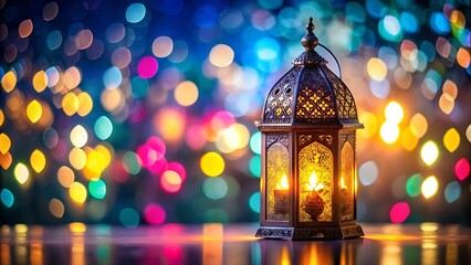 Fototapeta premium Ramadan Lantern Glowing Against City Bokeh Lights