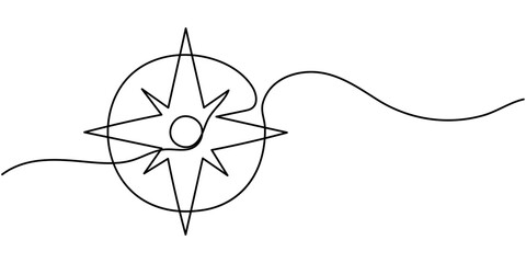 Compass line continuous drawing vector. One line Compass vector background, Traveller compass of different design. Single one line drawing equipment for exploration and navigation, One continuous line © LINE SIMPLE DRAWING