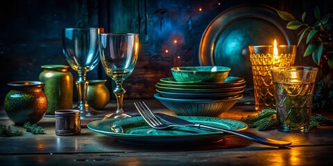 Elegant Dark Table Setting: Crockery, Cutlery & Glassware on Black